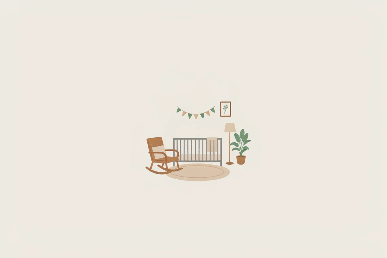 Chambre de bébé aménagée : rocking-chair près de la fenêtre, lit bébé, étagère et lumière douce