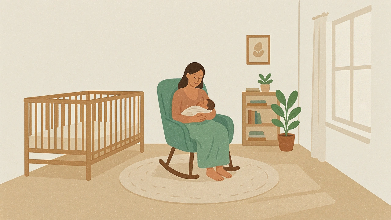 Mère allaitant son bébé dans un fauteuil à bascule au cœur d’une chambre de nursing lumineuse